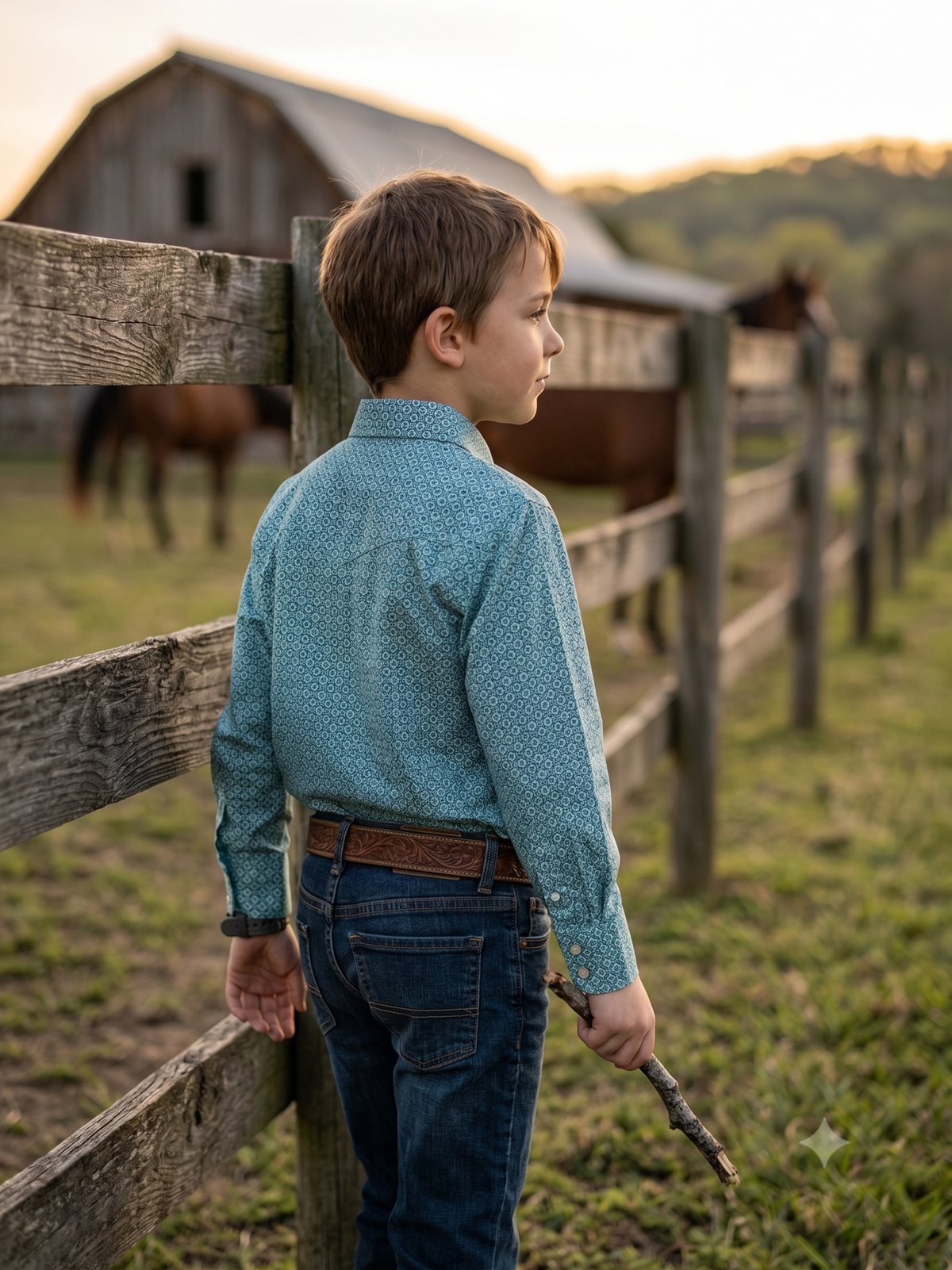 Teal Boys' Western Print Shirt