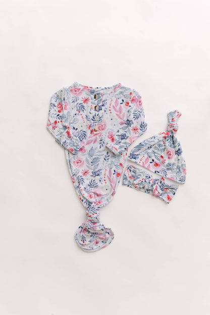 Newborn Knotted Baby Gown, Bow, Hat Set - Baby Clothes Girl