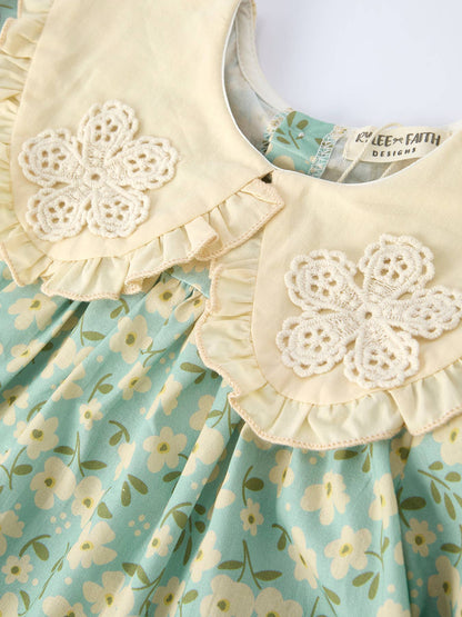 Spring Floral Print Long-Sleeved Romper and Dress Matching Headband