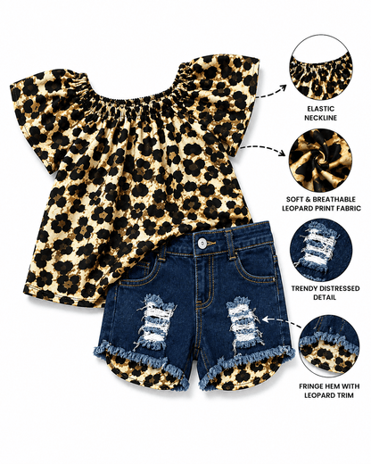 Cheetah Off The Shoulder Denim Shorts Outfit Kids
