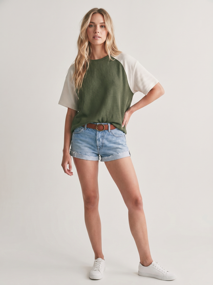 CLOUDY KNIT COLOR BLOCK SHOULDER TOP