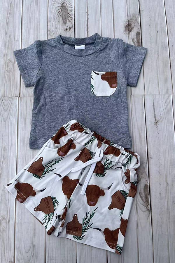 Western ranch grey top cow shorts boy boutique set 2601086M