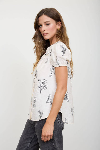 FLORAL LINE PRINT SPLIT NECK BUTTON DOWN LINEN TOP
