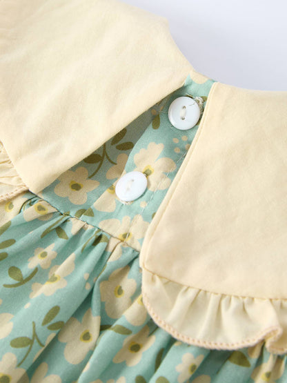 Spring Floral Print Long-Sleeved Romper and Dress Matching Headband