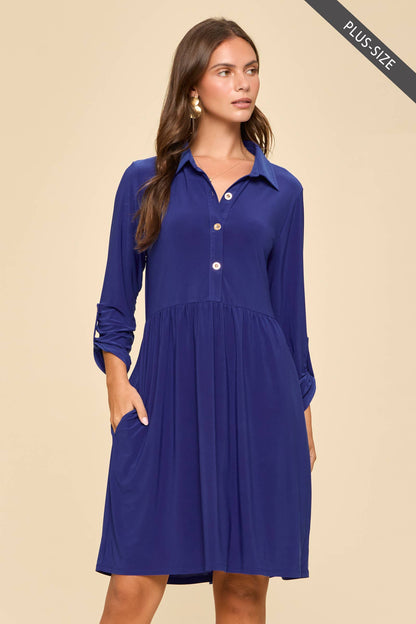 Royal Blue Collared Shirt Dress-Plus Size