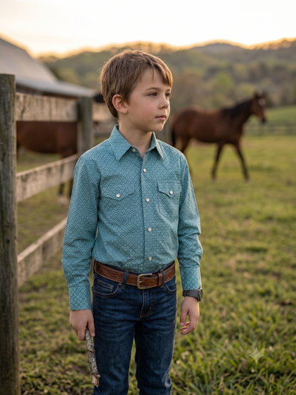 Teal Boys' Western Print Shirt
