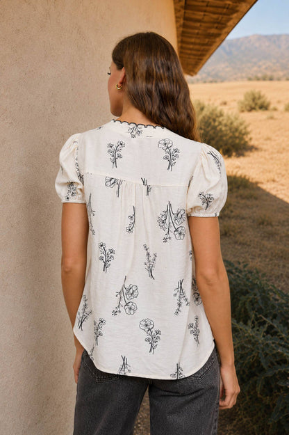 FLORAL LINE PRINT SPLIT NECK BUTTON DOWN LINEN TOP