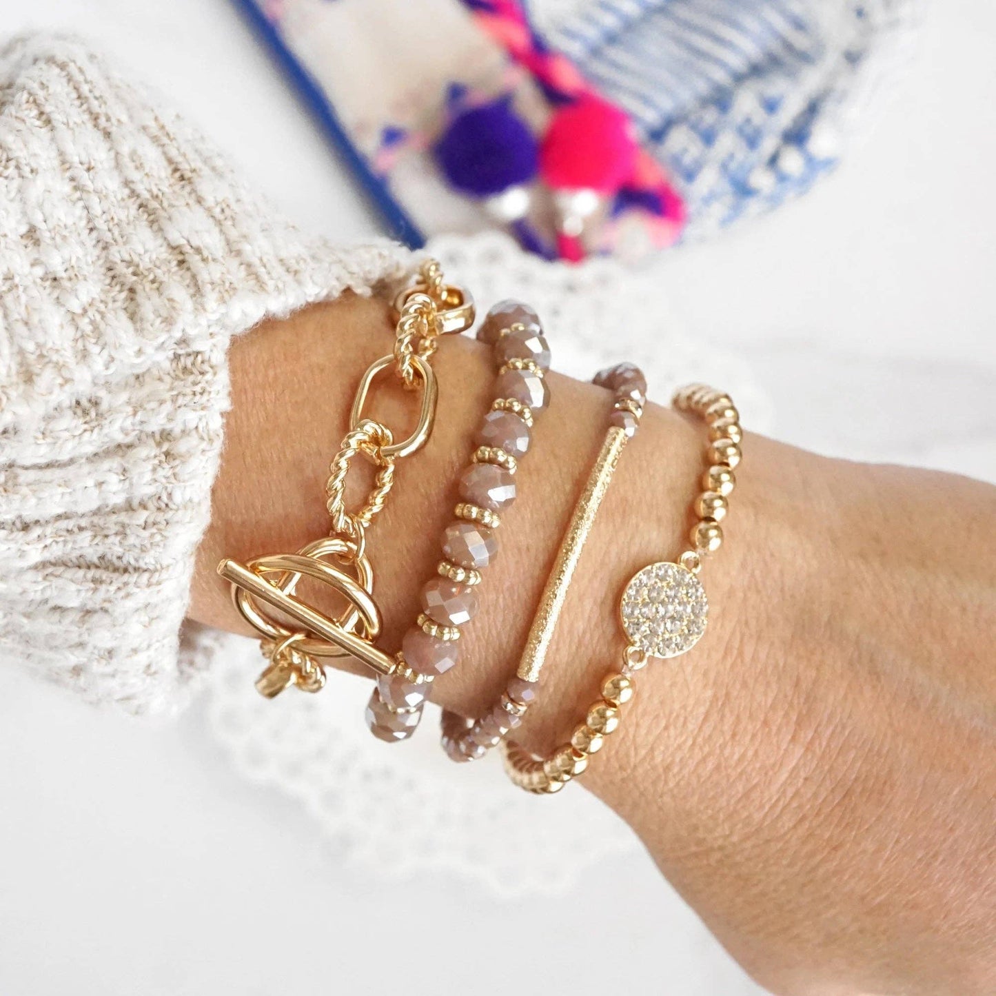Beaded Bracelets set of 4 Blush Pink Glass Beads with Gold crystal paved sparkly bracelet Metal bead Toggle