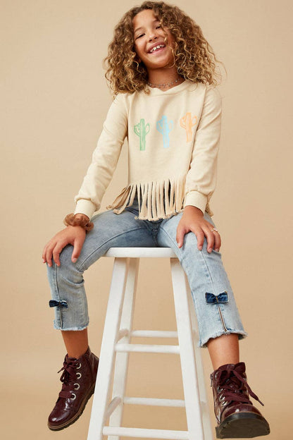 Girls Fringed Graphic Terry Top