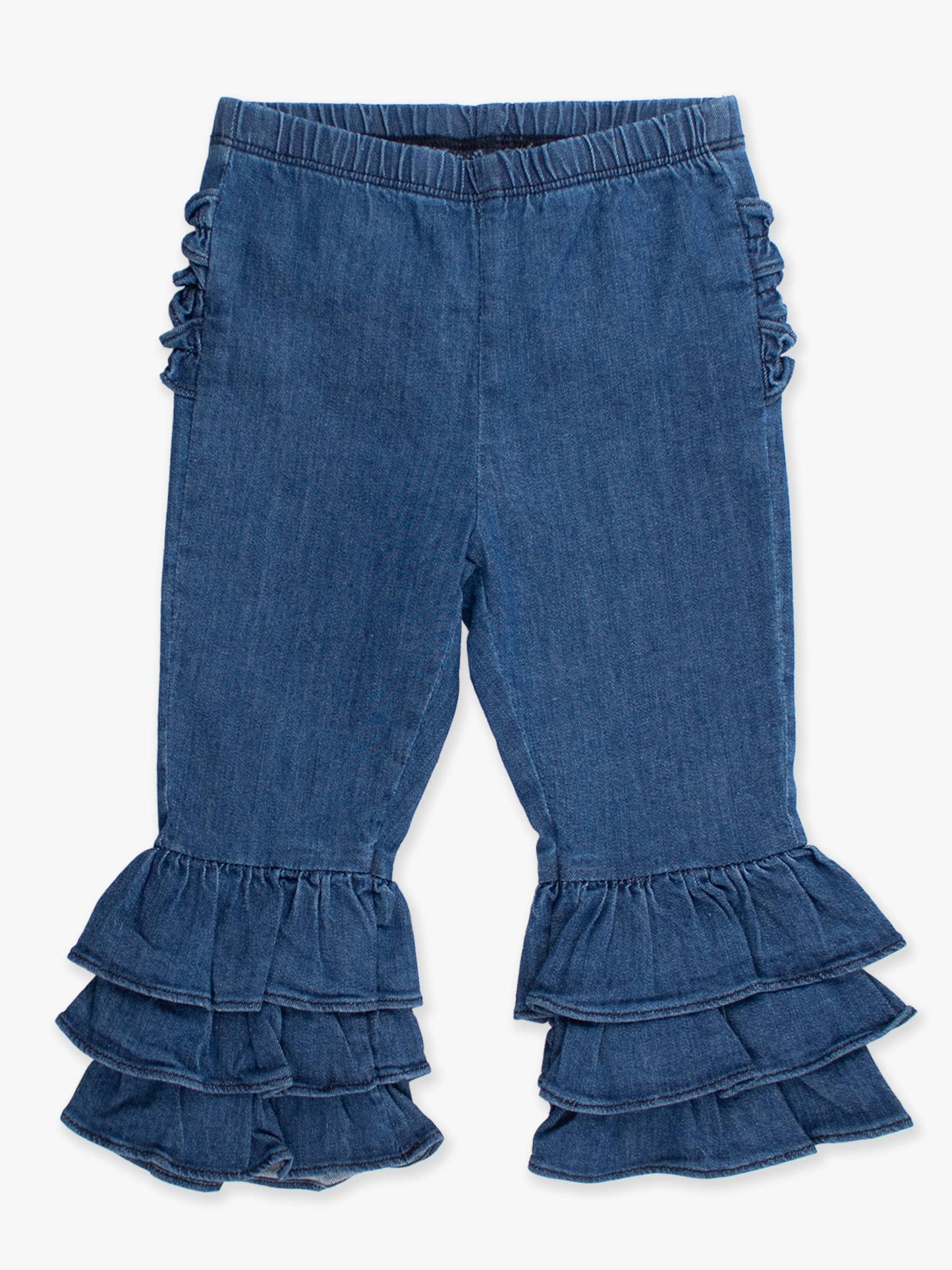 Toddler Girls Medium Wash Stretch Denim Ruffle Flare Pants with Signature Rear Ruffles