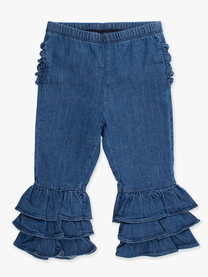 Toddler Girls Medium Wash Stretch Denim Ruffle Flare Pants with Signature Rear Ruffles