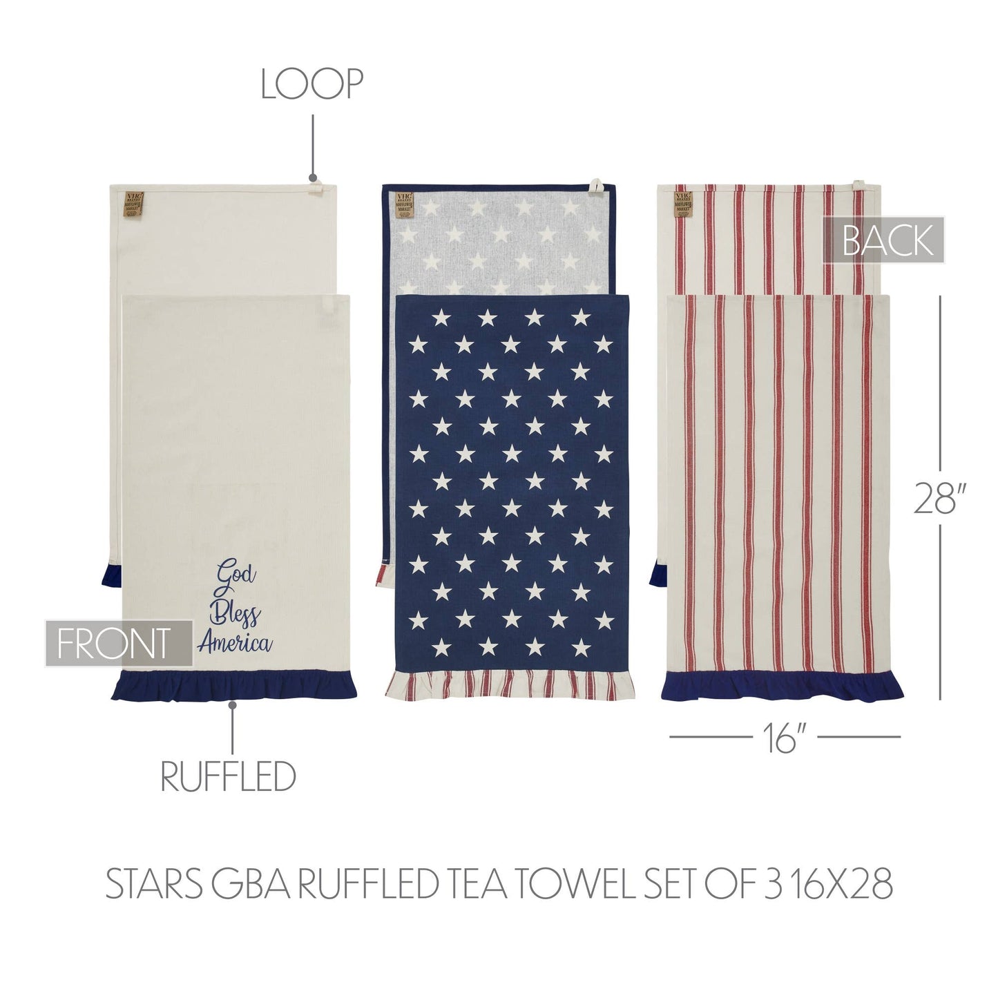 Stars Ruffled Tea Towel Set of 3 16x28