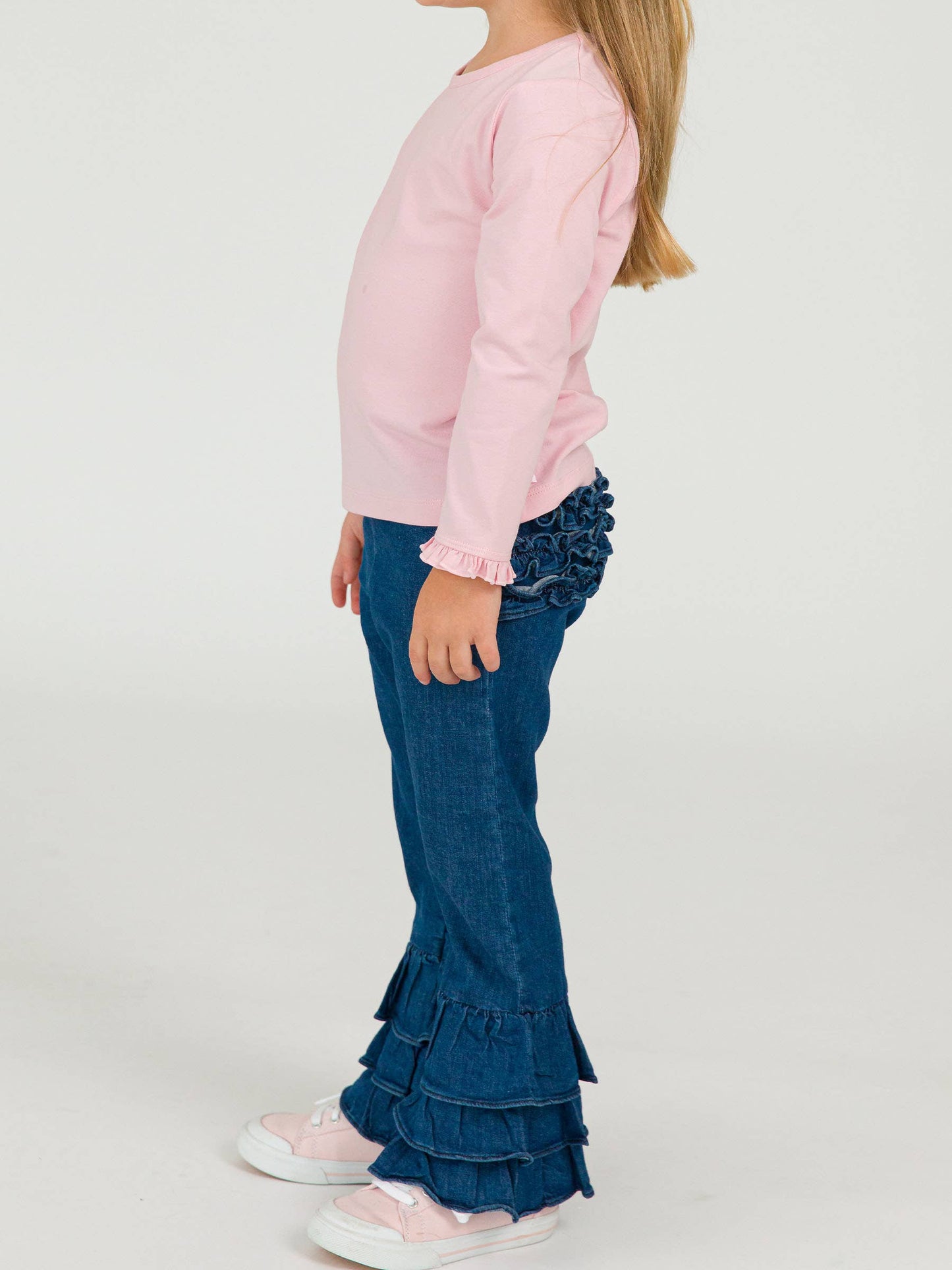 Toddler Girls Medium Wash Stretch Denim Ruffle Flare Pants with Signature Rear Ruffles