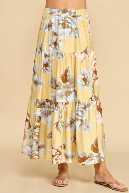 Yellow Floral Tiered Maxi Skirt