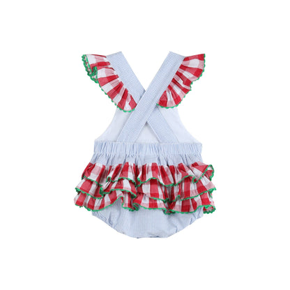 Blue Seersucker Watermelon Ruffle Romper