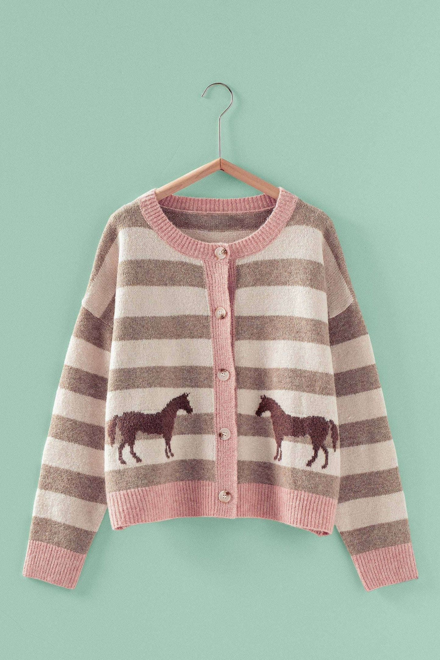 Horse Striped Crew Neck Cardigan