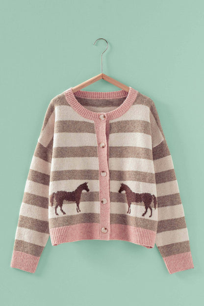 Horse Striped Crew Neck Cardigan
