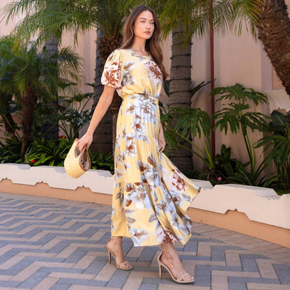 Yellow Floral Tiered Maxi Skirt