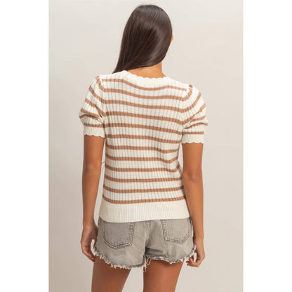 Striped Scallop Puff Sleeve Knit Top