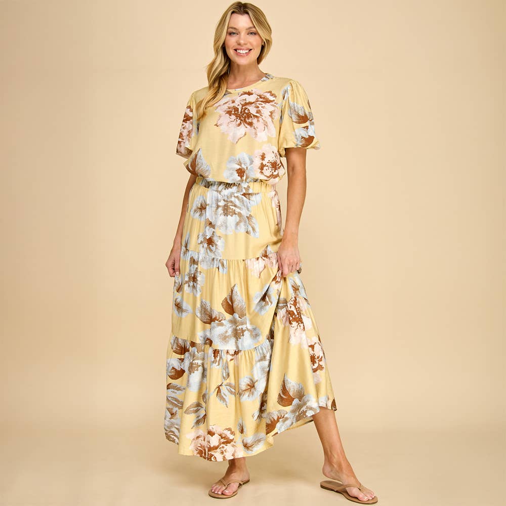 Yellow Floral Tiered Maxi Skirt