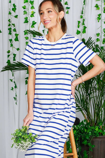 Crew Neck Striped Cotton T-Shirt Maxi Dress VD82246
